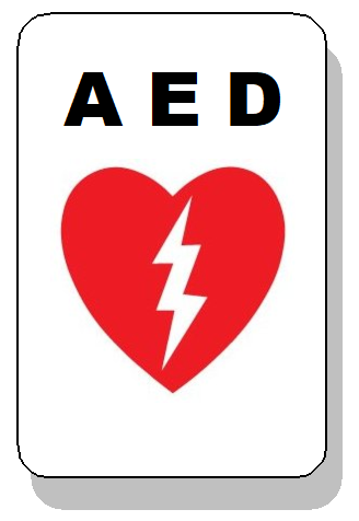 AED sign with white lightning bolt inside a red heart