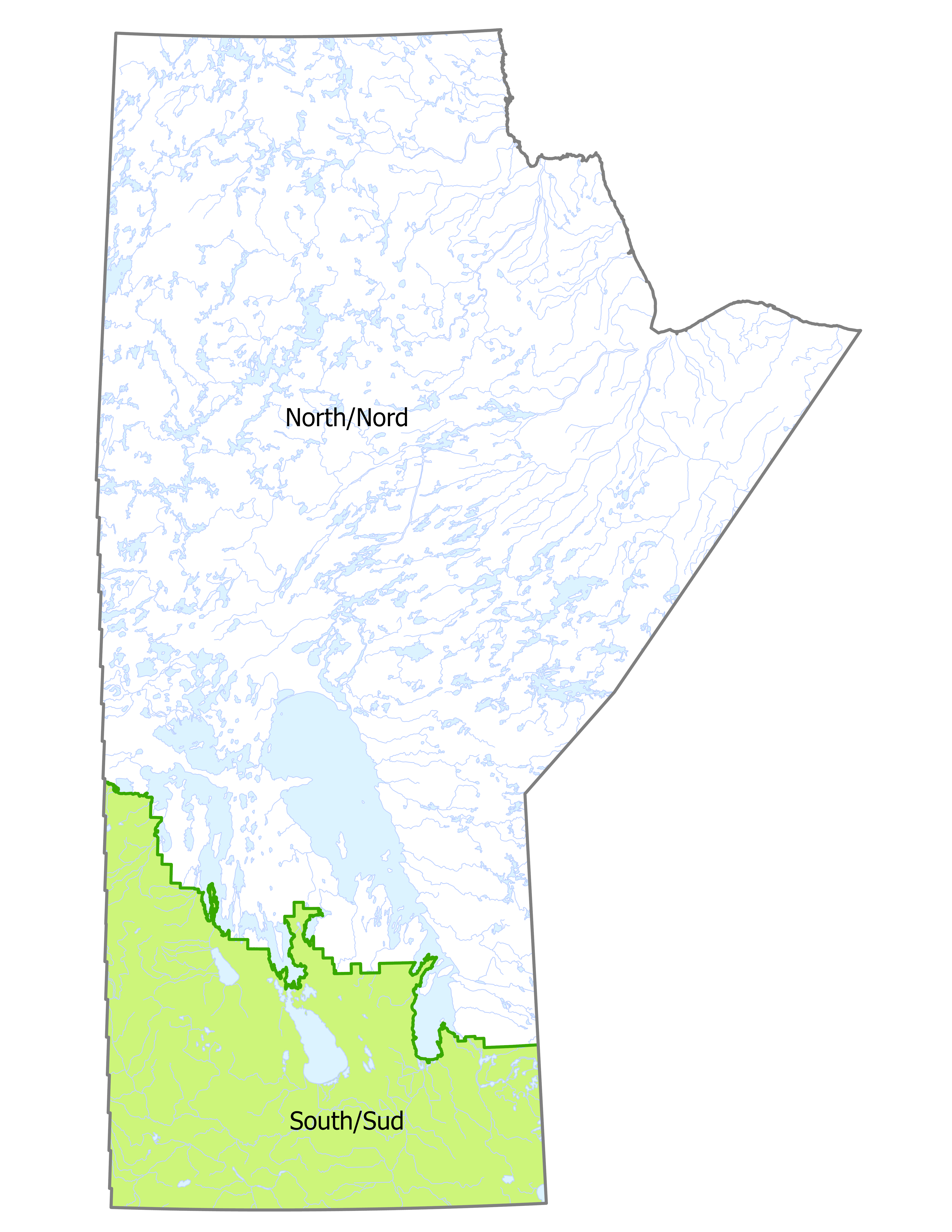 map of Manitoba showing north-south division